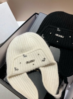 出口俄罗斯冬季加绒加厚兔毛护耳帽min水钻北方保暖防风针织帽女