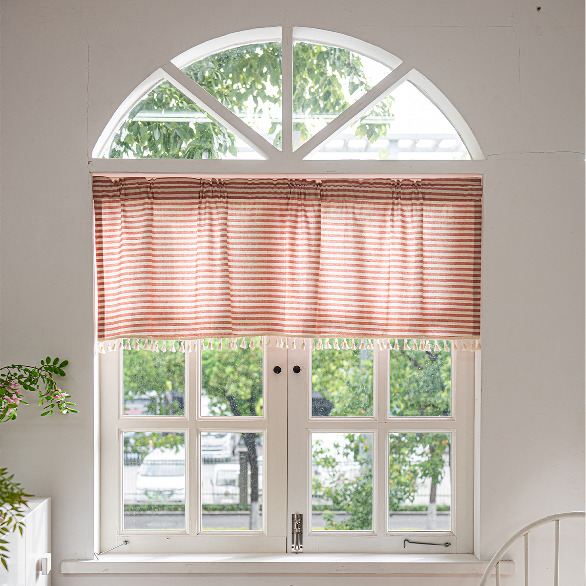 亚马逊热卖成品 简约色织条纹短帘流苏棉麻半透光门帘咖啡帘成品