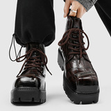 A258-QL53242-P132英伦风皮靴厚底高帮马丁靴圆头系带压纹潮靴，男鞋马丁靴，电商A258