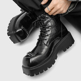 A258-QL53242-P132英伦风皮靴厚底高帮马丁靴圆头系带压纹潮靴，男鞋马丁靴，电商A258