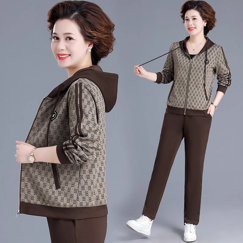中年妈妈春装外套洋气运动服套装中老年女装春秋季休闲上衣两件套