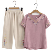 两件套装 妈妈洋气上衣服中年女装 T恤中老年气质大码 短袖 夏装