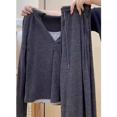 2025春秋季新款韩版盐系穿搭女小个子洋气连帽卫衣休闲阔腿裤套装