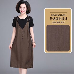 连衣裙新款圆领妈妈夏装两件背带夏季时尚宽松中长款洋气显瘦裙子