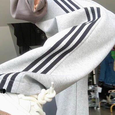 170灰色纯棉运动女2024夏季新款高腰垂感直筒裤宽松显瘦通勤裤子