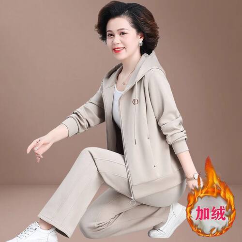 冬装妈妈外套加绒加厚两件套中老年女运动服套装秋冬上衣老人衣服