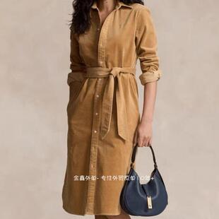 RL小马女装2024年秋冬新款休闲风灯芯绒纯棉连衣裙中长款/配腰带