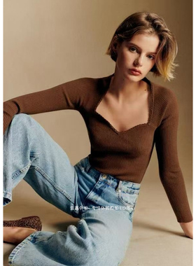 法国Sez@ne纯原方领套头女士毛衣针织衫法式复古修身款露锁骨神器