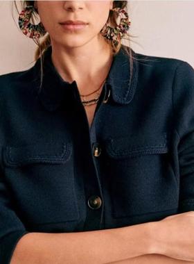 法国Sez@ne秋冬款POLO领开衫美丽诺羊毛女士羊毛衫毛衣外套上衣