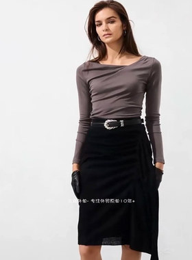 法式优雅褶皱斜肩女士打底衫修身舒适套头上身秋冬长袖