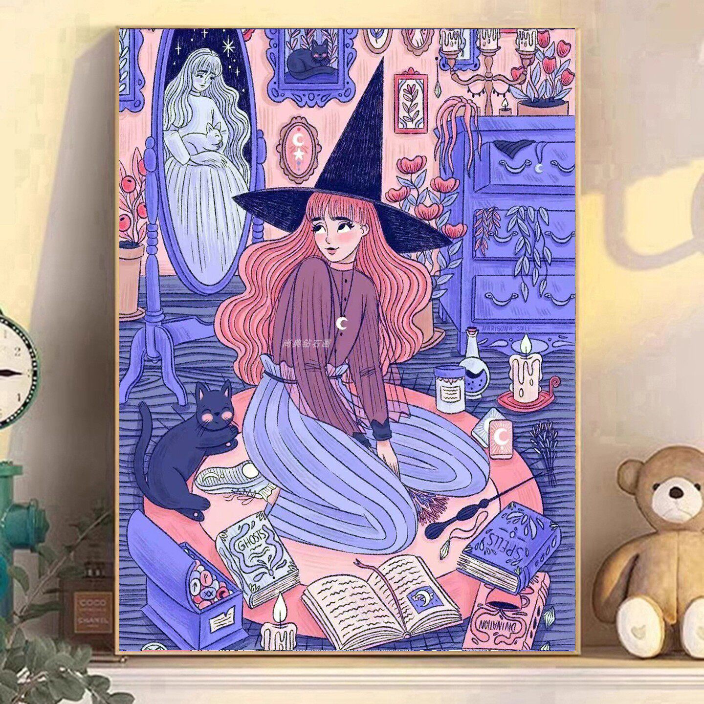 DIY树脂方钻满钻钻石画贴钻钻石绣带钻紫色魔女女孩卧室看书黑猫
