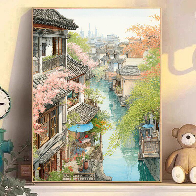DIY方钻满钻钻石画手工粘贴点钻钻石绣江南水乡古镇春天风景七