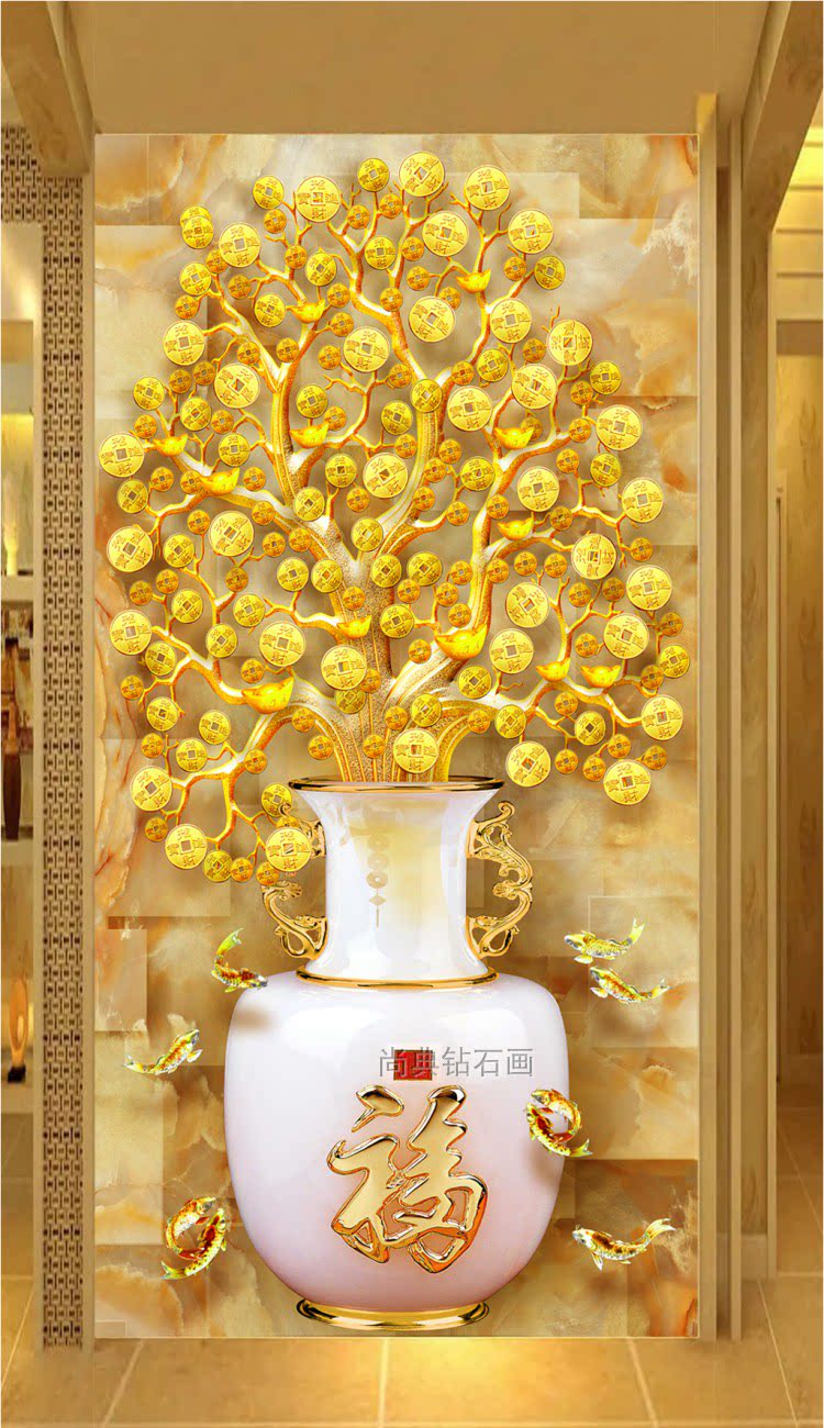 钻石画满钻方钻粘贴钻十字绣发财树金钱树摇钱树福字玉瓶金鱼玄关