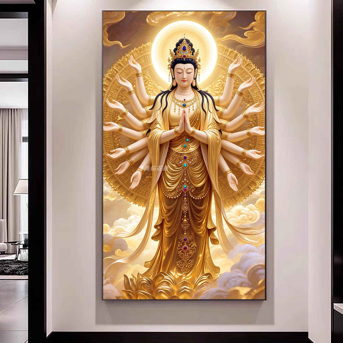 新中式树脂方钻满钻钻石画黄金立体千手观音菩萨玄关粘贴钻钻石绣