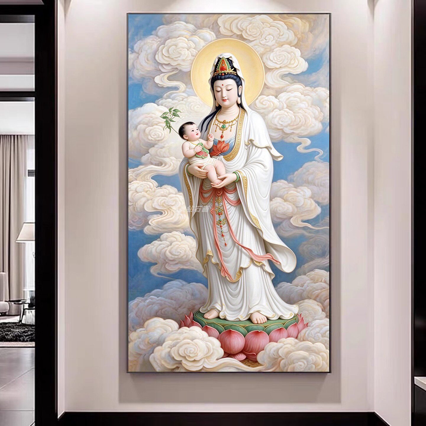 新中式方钻满钻钻石绣粘贴钻画云端莲花上的送子观音娘娘菩萨玄关