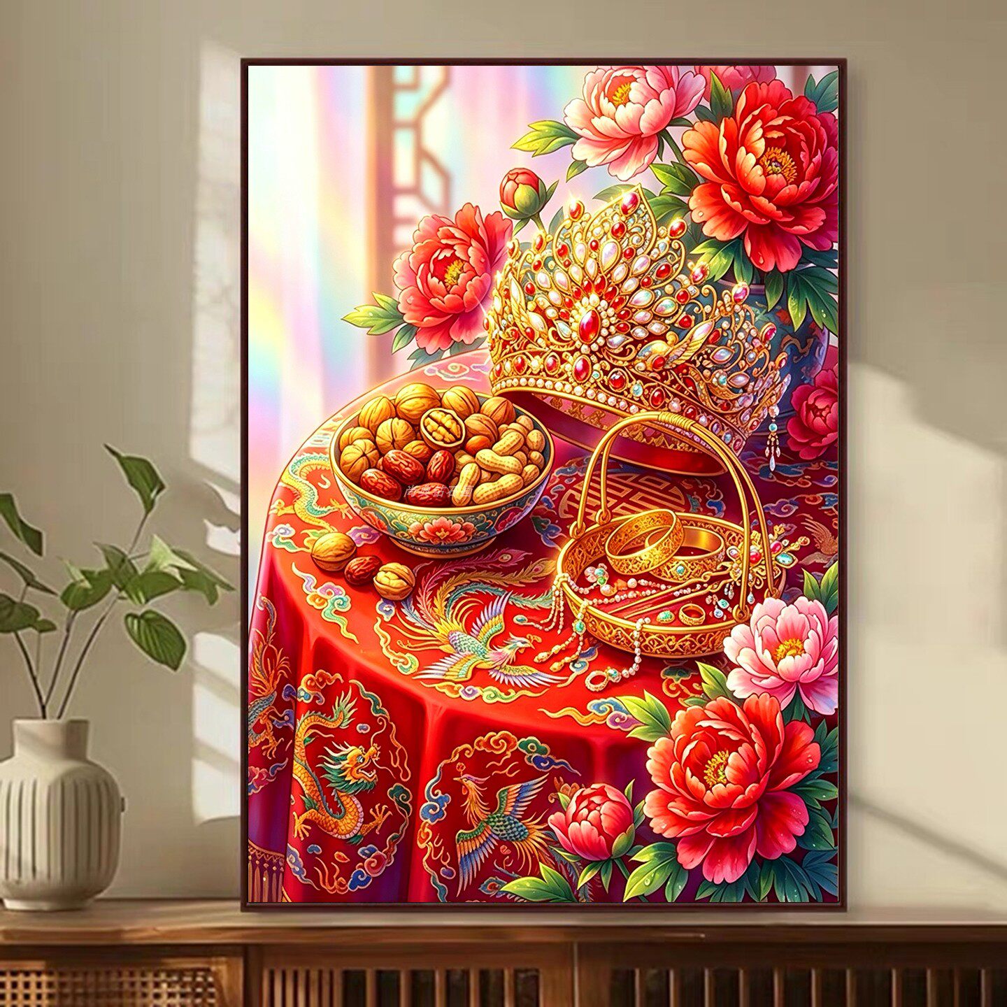 新中式DIY树脂方钻满钻钻石绣贴钻画龙凤桌核桃花生牡丹珠宝皇冠