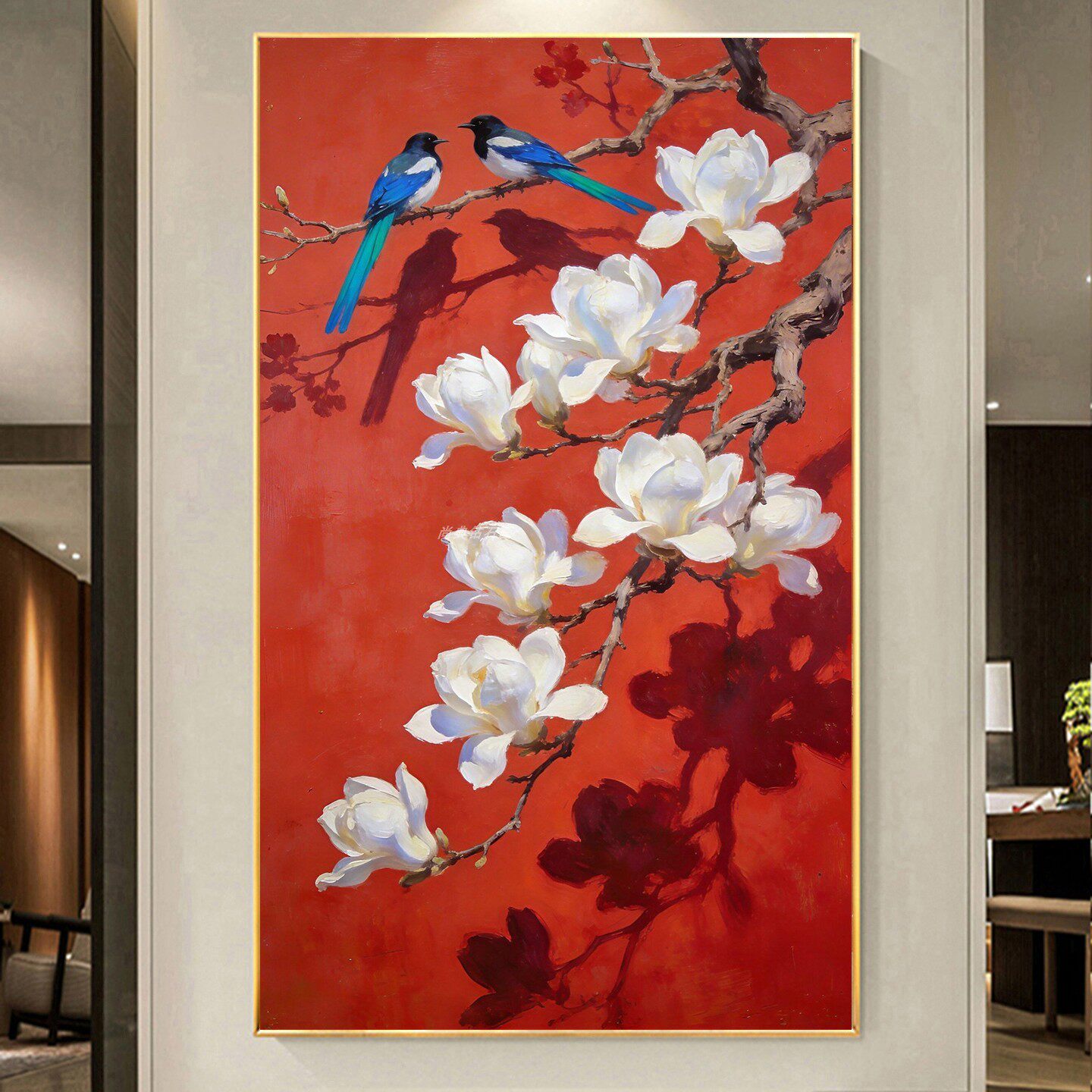 DIY方钻满钻钻石画贴钻砖石绣红色宫墙前的白玉兰花双鸟图二玄关