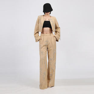 套装 气质优雅刺绣裤 2026春季 修身 圆领两件套女 新款 阔腿喇叭袖 法式