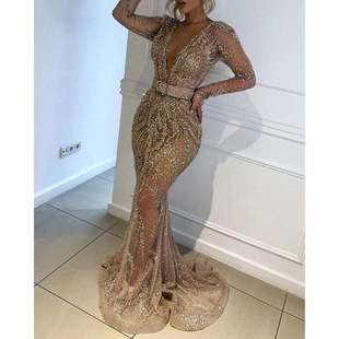 宴会礼服大摆裙婚纱 独立站ebay性感亮片长袖 新款 2020外贸女装