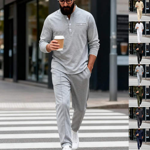 跨境美式硬汉春秋款新品男士宽松复古简约通勤休闲亨利衫套装长袖