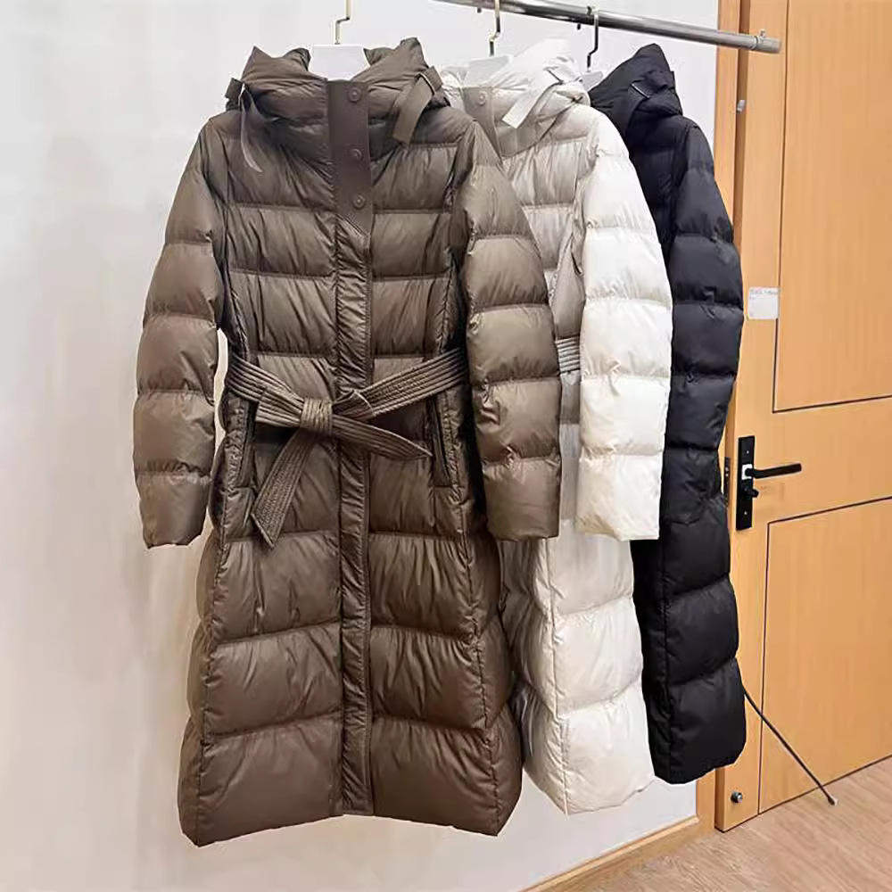 新款秋冬羽绒服女长款修身过膝连帽收腰显瘦腰带款保暖外套潮
