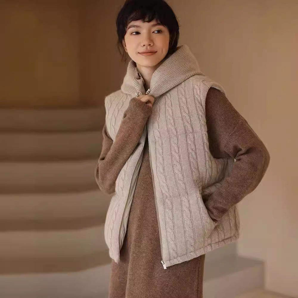 秋冬毛线羽绒服女马甲洋气时尚保暖无袖连帽背心马夹外套常规