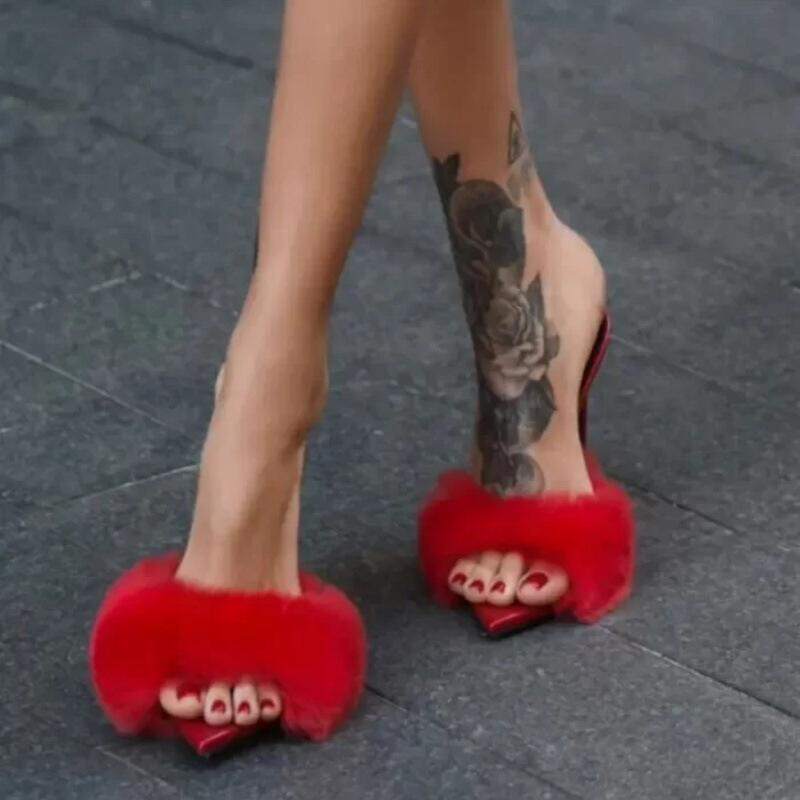 跨境时装凉鞋 尖头兔毛细跟外贸女鞋 宴会高跟鞋sandals women