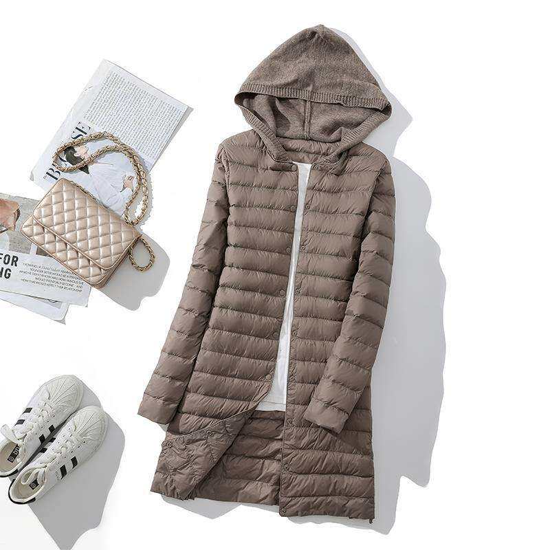 秋冬轻薄羽绒服女中长款连帽针织帽拼接大衣内搭轻便保暖外套