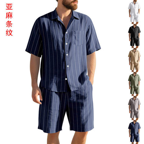 跨境亚麻提花翻领衬衫短裤竖条纹系扣宽松套装透气套装短袖夏季