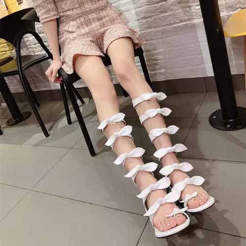 欧美蝴蝶结透气长靴套脚拉链凉鞋