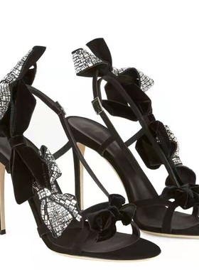 2023新款水钻蝴蝶结高跟鞋欧美扣带露趾细跟凉鞋花朵宴会时装女鞋