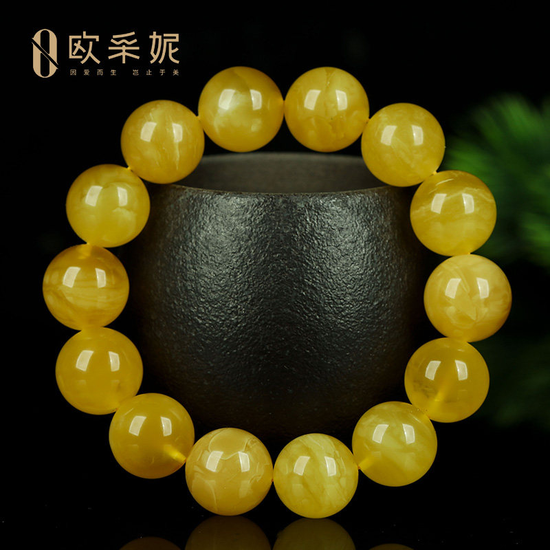 蜜蜡手串【一物一证一图孤品】天然琥珀满蜜无优化圆珠佛珠手链