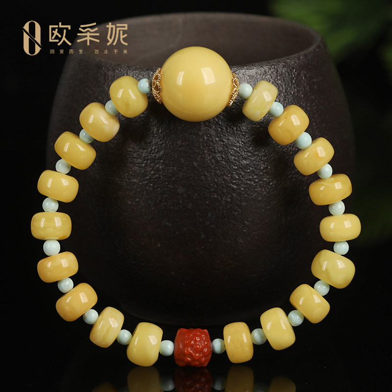 欧采妮蜜蜡手串天然琥珀原石无优化老型珠配南红圆珠diy手链满蜜