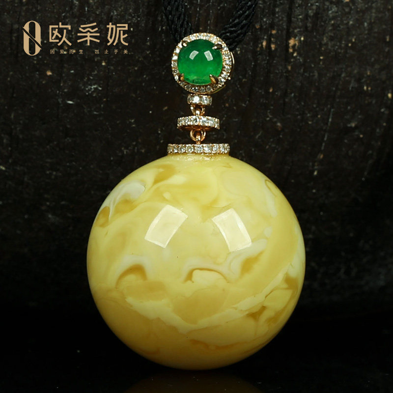 蜜蜡吊坠【珍藏浓白大单株】天然18k金镶白花蜜新满蜜挂链孤品