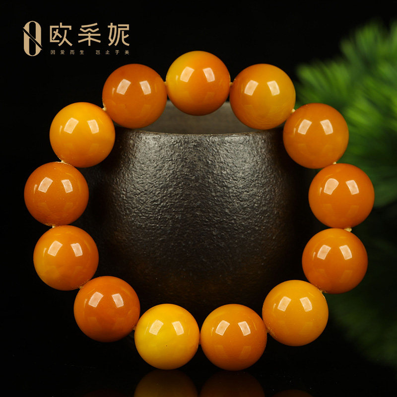 欧采妮蜜蜡手串【孤品鸳鸯老蜡】天然原矿鸡油红满蜜佛珠手链俄料