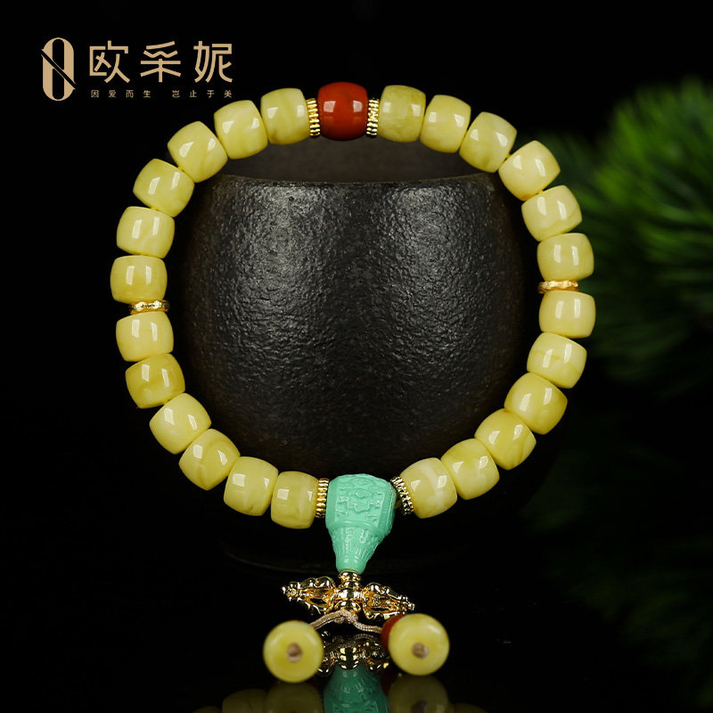蜜蜡手串天然原石琥珀无优化老形桶珠配绿松三通南红金刚杵手链