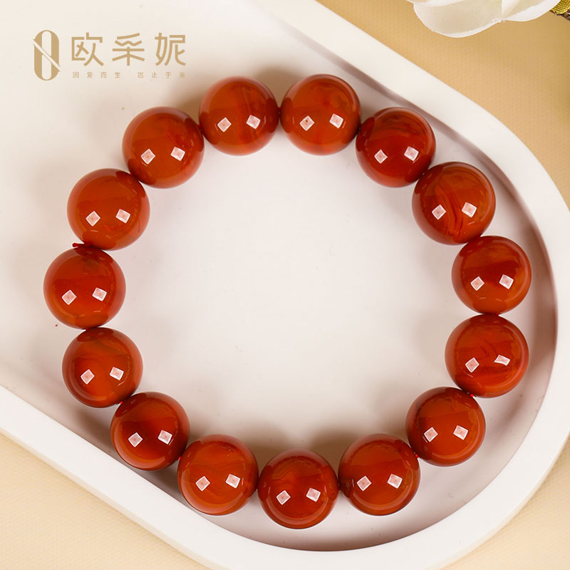 欧采妮南红手串奢侈级天然凉山妖花牛血红火焰纹玛瑙大圆珠手链