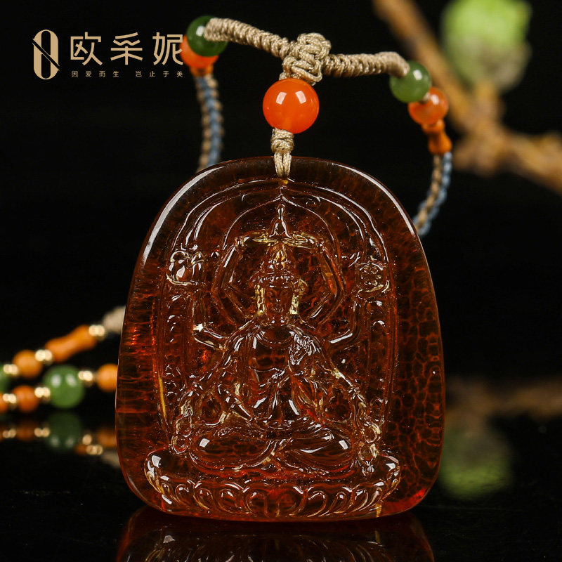欧采妮缅甸棕红珀吊坠【收藏孤品四臂观音鼠雕刻件】天然琥珀挂坠