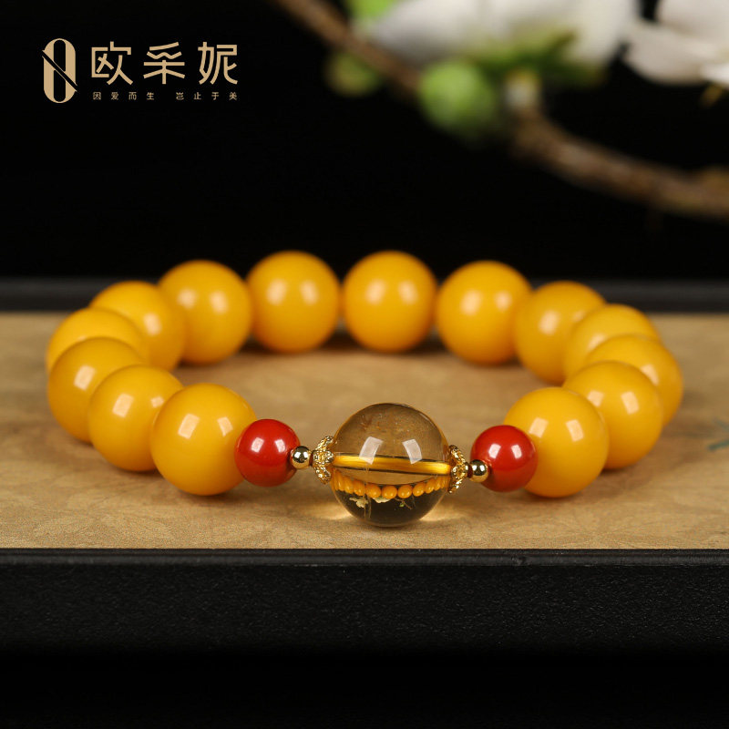 欧采妮蜜蜡手串天然琥珀原石配朱砂黄水晶大单珠多宝设计diy手链