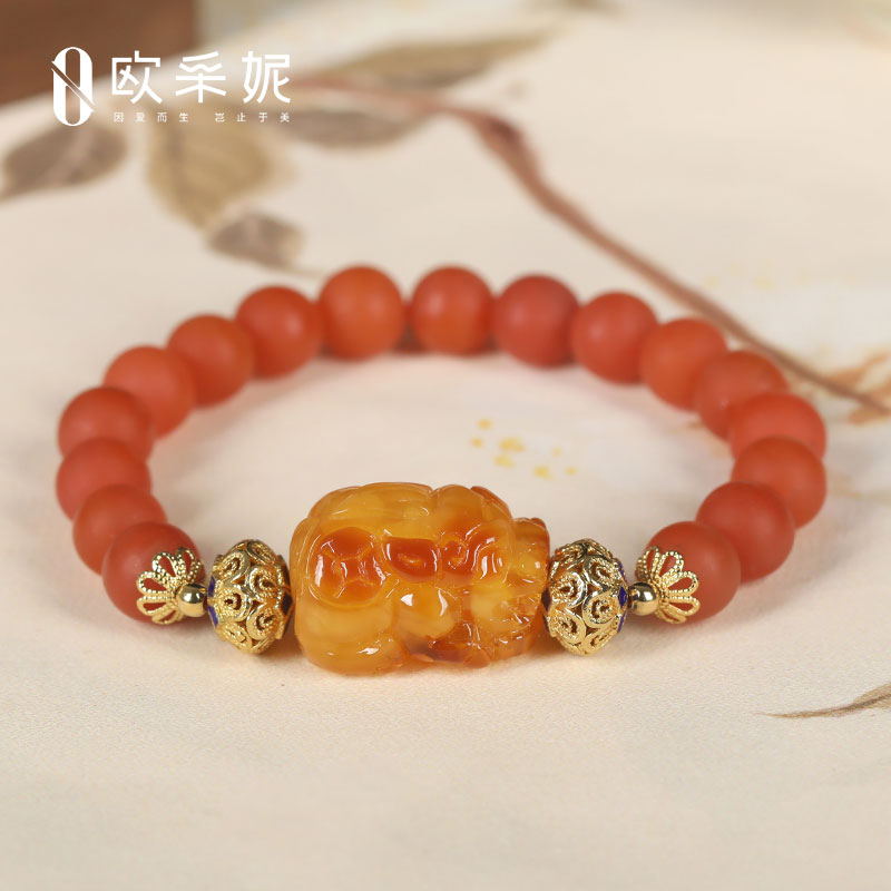 蜜蜡手串天然琥珀原石貔貅雕刻配保山南红珐琅手链柿子红女款