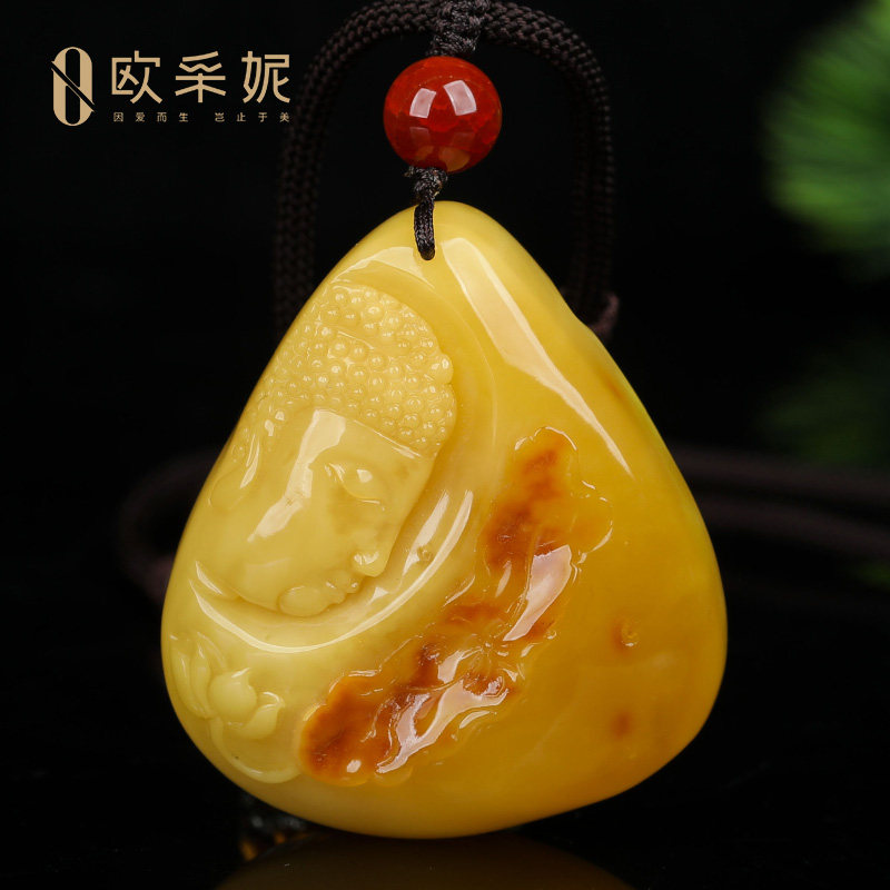 蜜蜡吊坠【珍藏佛头雕刻件】天然无优化带皮原石琥珀挂件孤品