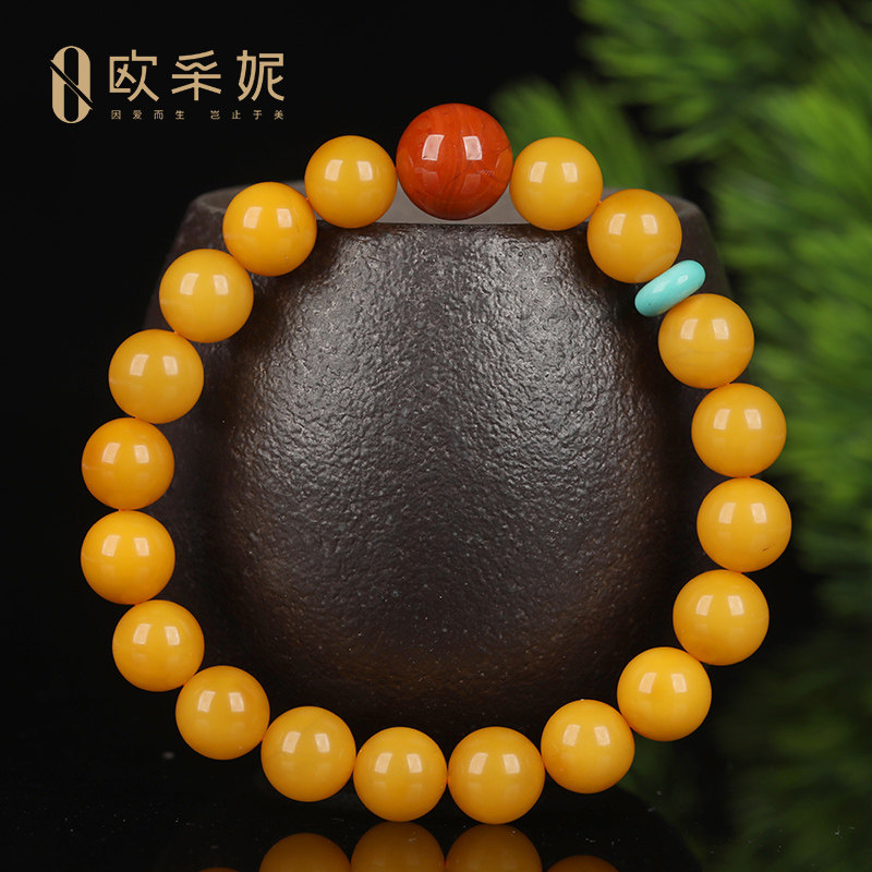 蜜蜡手串天然琥珀原石满蜜鸡油黄老蜜蜡圆珠佛珠南红多宝diy手链