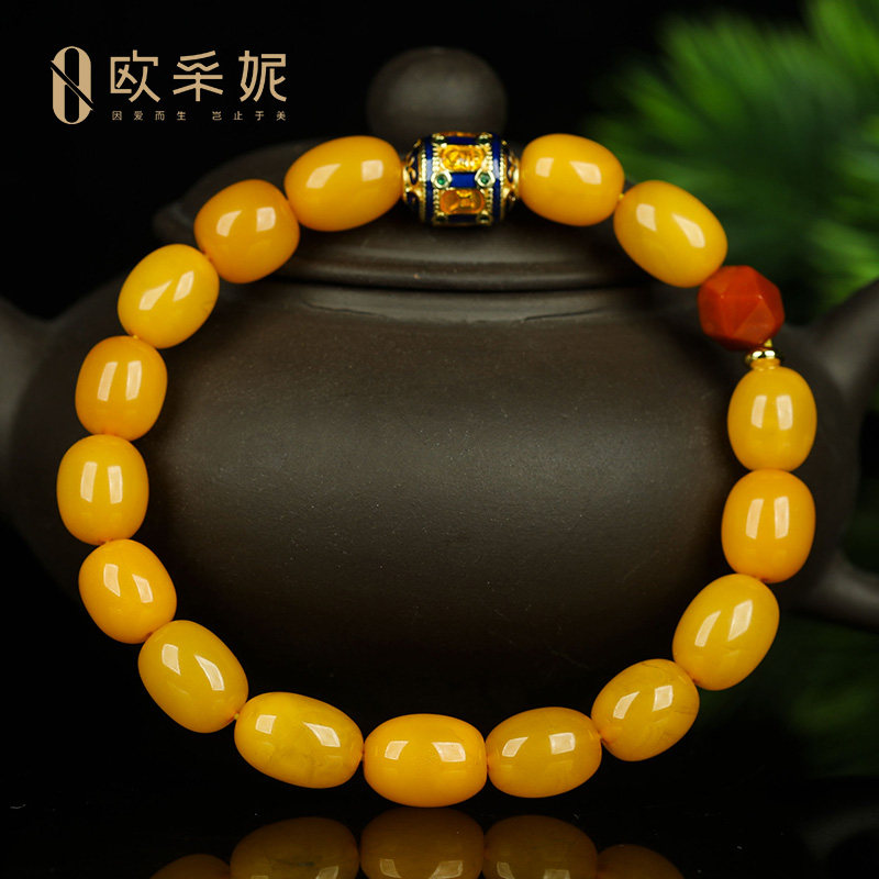 蜜蜡手串天然原石琥珀满蜜鸡油黄桶珠配六字真言南红文玩手链俄料