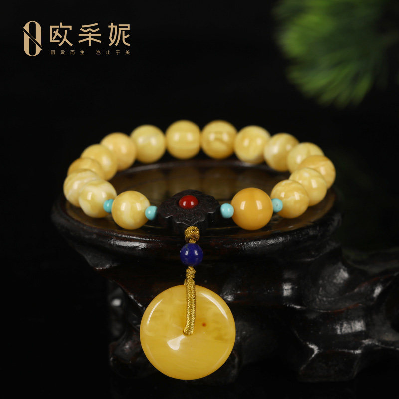 蜜蜡手串天然琥珀白花蜜手串无优化满蜜平安扣圆珠琥珀女款手链