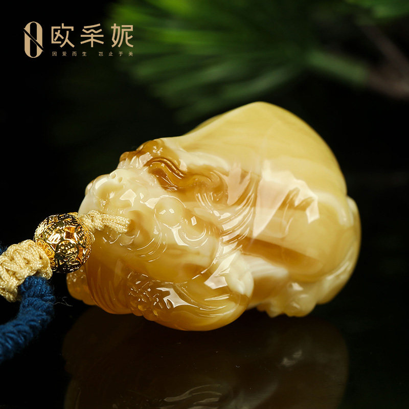 欧采妮蜜蜡吊坠【一物一图孤品貔貅】天然琥珀虎皮妖花手把雕刻件