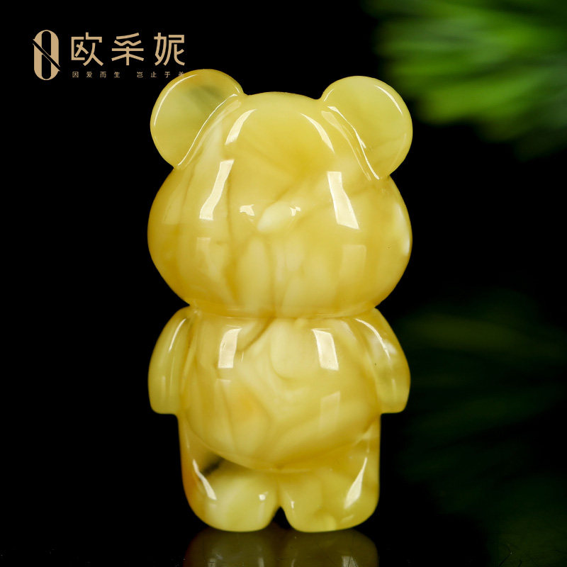 蜜蜡吊坠【小熊雕刻挂坠】天然无优化原矿琥珀白花满蜜挂坠孤品
