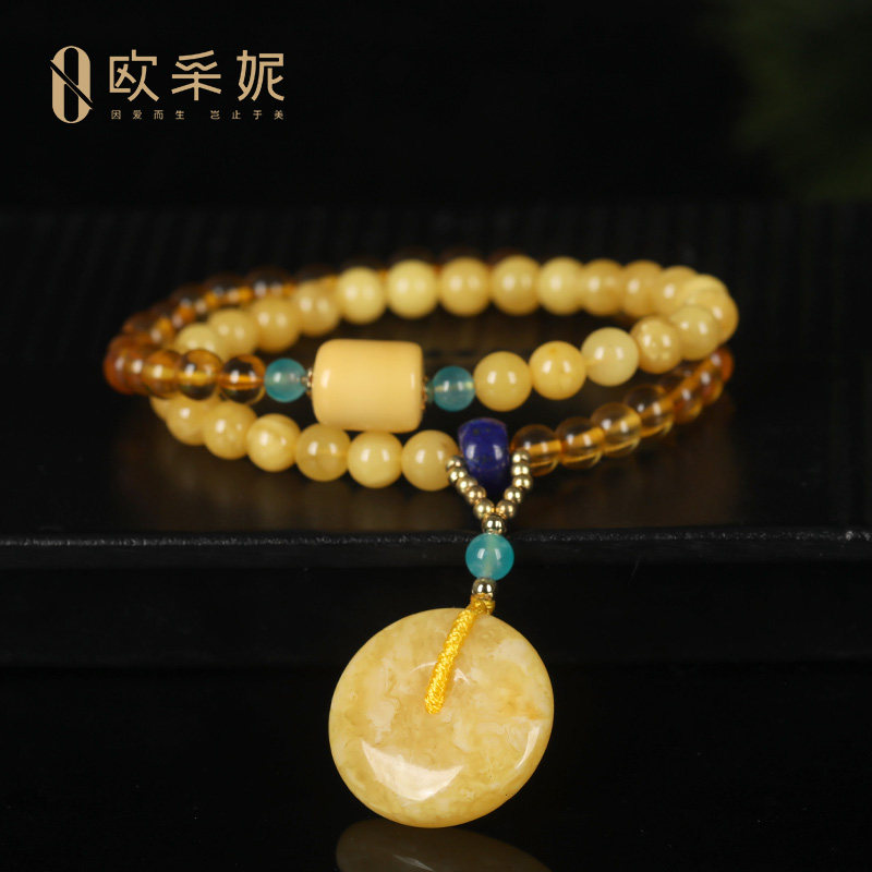 蜜蜡手串天然琥珀金珀蜜蜡平安扣桶珠双圈diy女款手链送妈妈礼物