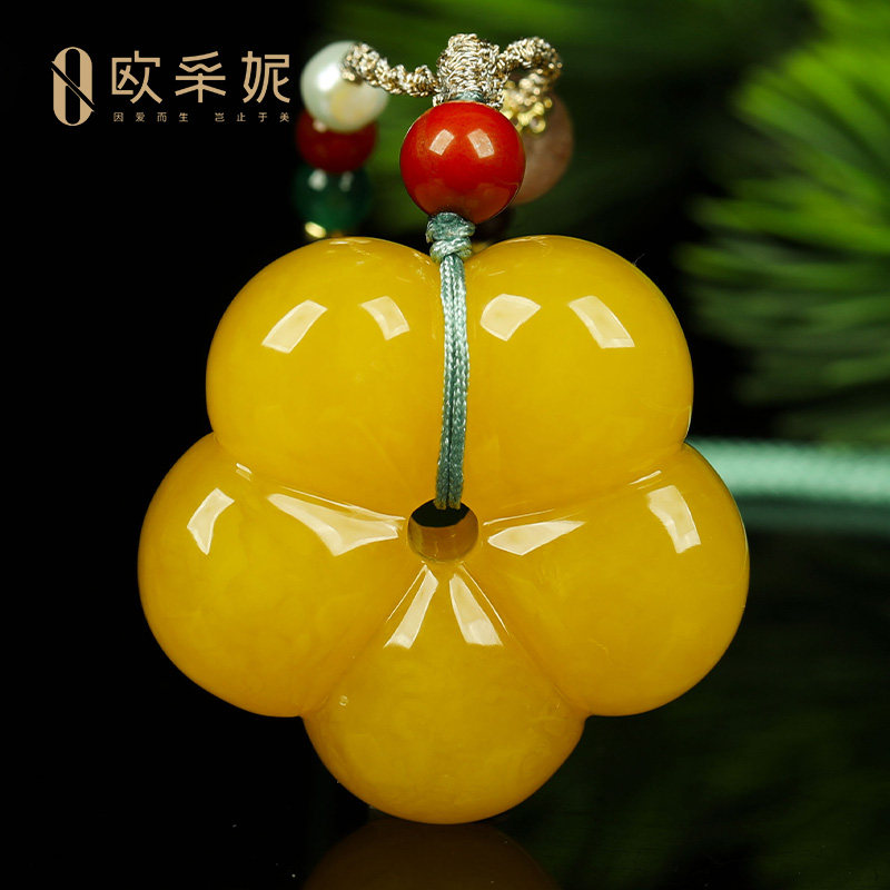 欧采妮蜜蜡吊坠【一物一图孤品】天然琥珀满蜜鸡油黄牡丹花吊坠