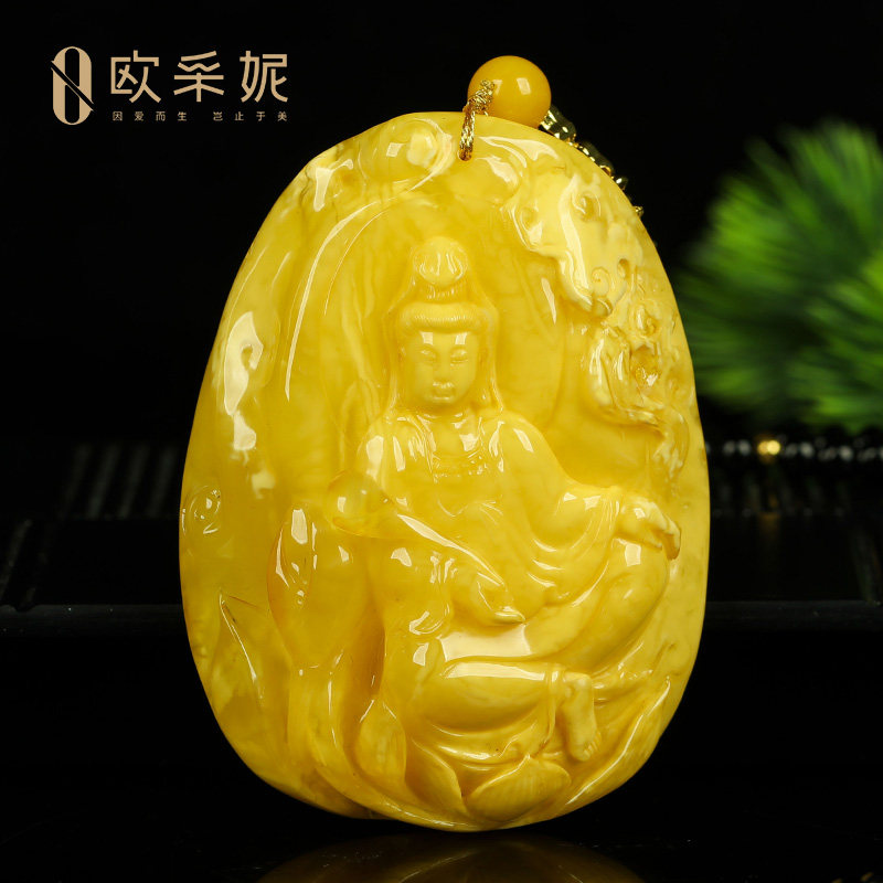 蜜蜡吊坠【珍藏老花蜡观音】天然原石无优化白花满蜜挂链俄料孤品