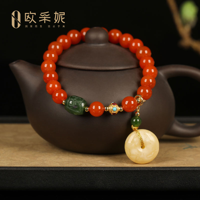 欧采妮天然南红手串碧玉路路通杨柳南红玛瑙配蜜蜡平安扣挂坠手链